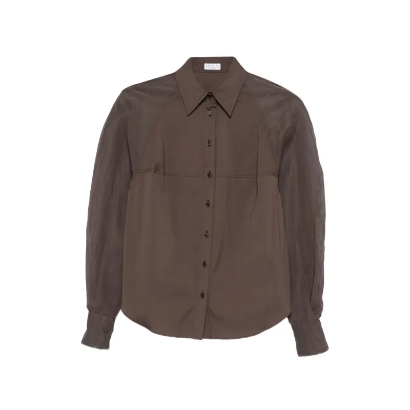 Brown Long Sleeve Shirt with Sheer Panels made by Brunello Cucinelli