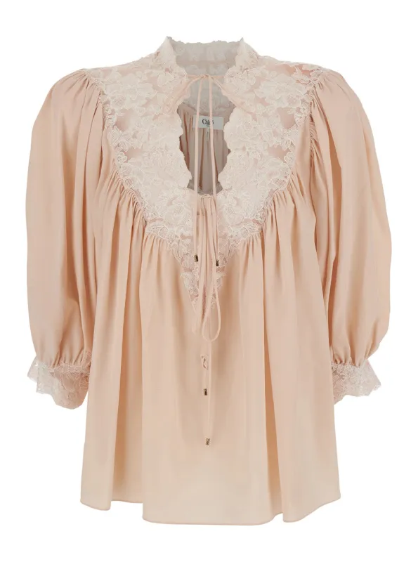 Blouse in Silk with Lace, Pink made by Chloe