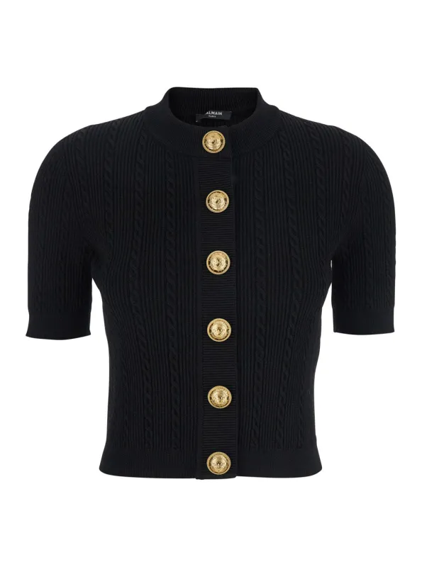 Black Crewneck Cardigan with Jewel Buttons made by Balmain