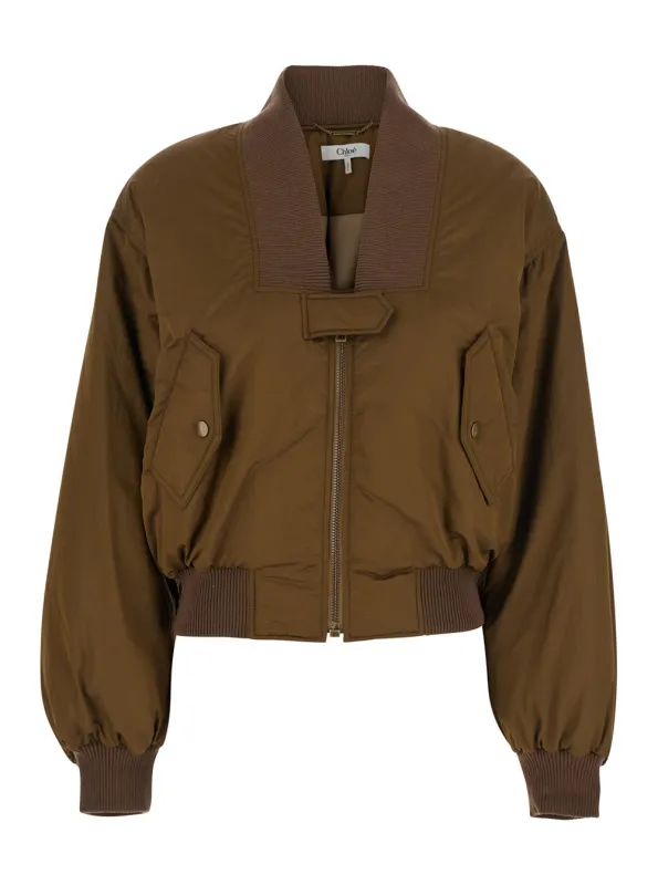 Brown Bomber Jacket with V Neck made by Chloe