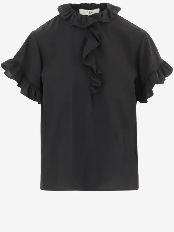 Short-Sleeved Ruffled Top in Crêpe de Chine made by Chloe