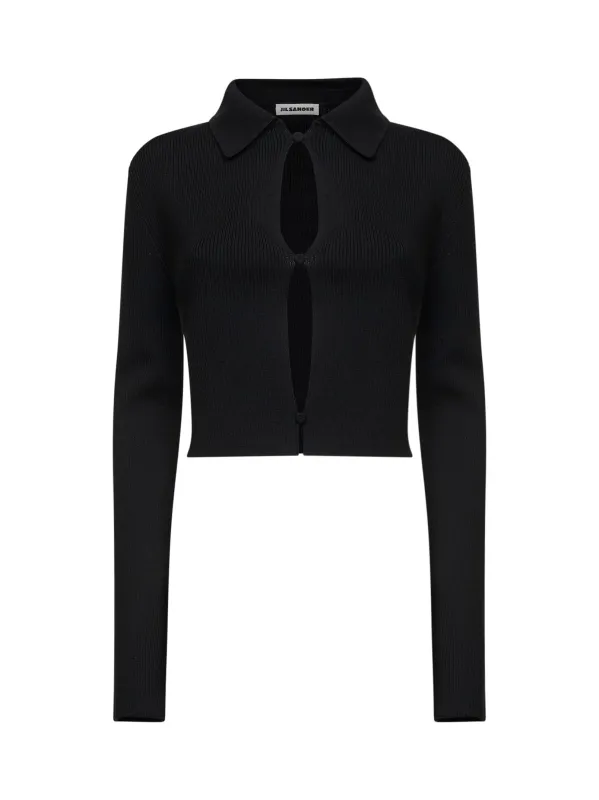 Black Merino Wool Cropped Cardigan with Cut-Outs made by Jil Sander