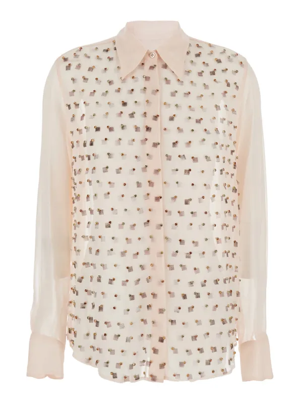 Pink Shirt with Classic Collar and Rhinestones made by Dries Van Noten