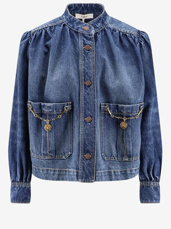 Ruffle-Collar High-Neck Denim Jacket made by Chloe