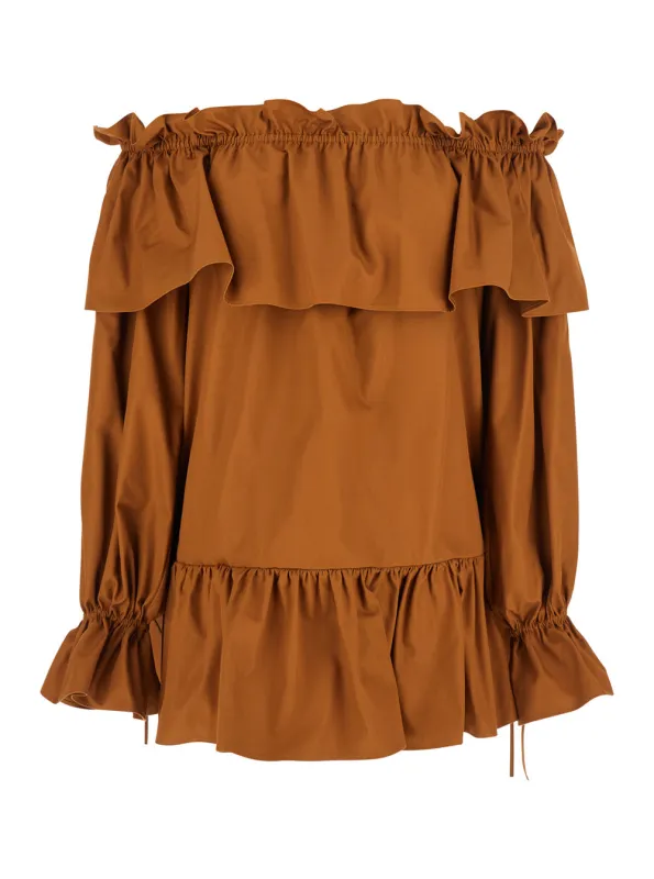 Brown Ruffle Dress with Bare Shoulders made by Yves Saint Laurent