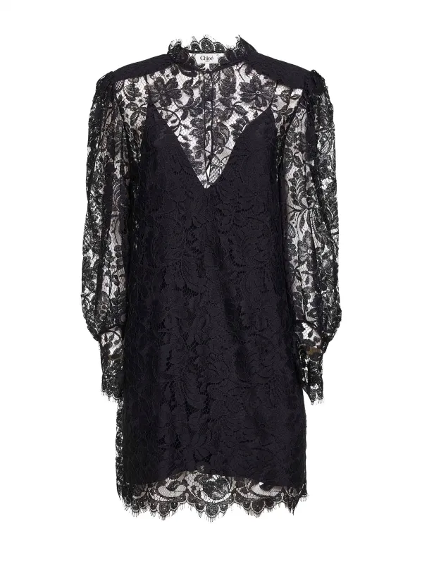 Black Lace Long-Sleeved Mini Dress made by Chloe