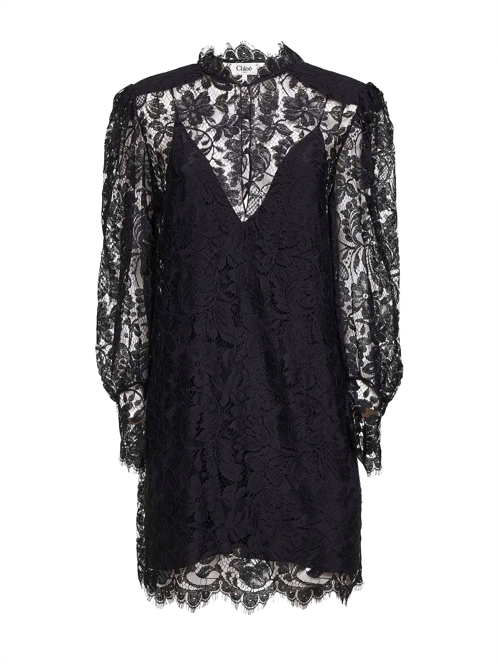Black Lace Long-Sleeved Mini Dress sold by Lord & Taylor