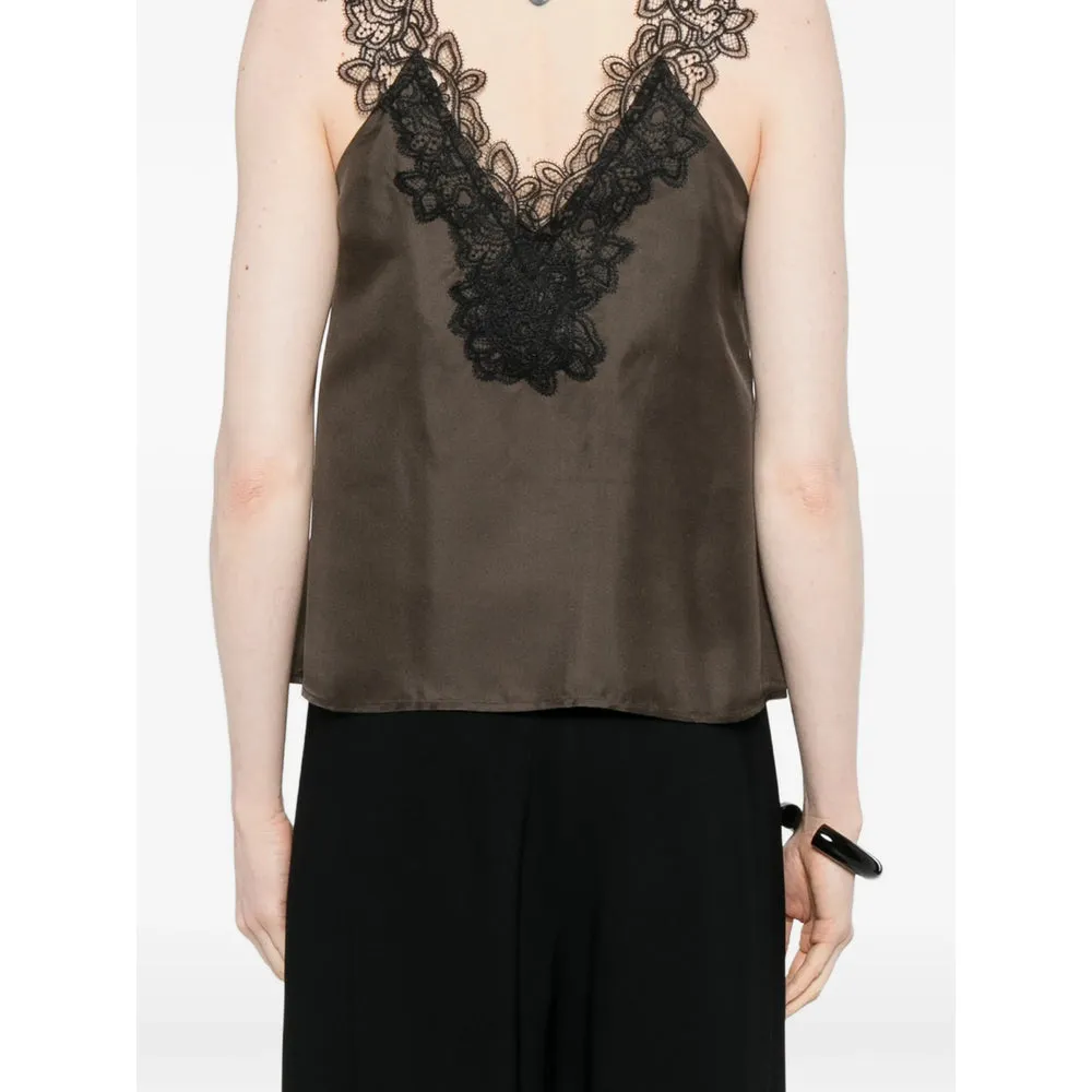 Brown V-Neck Lace Trim Silk Top sold by Lord & Taylor product image thumbnail 5
