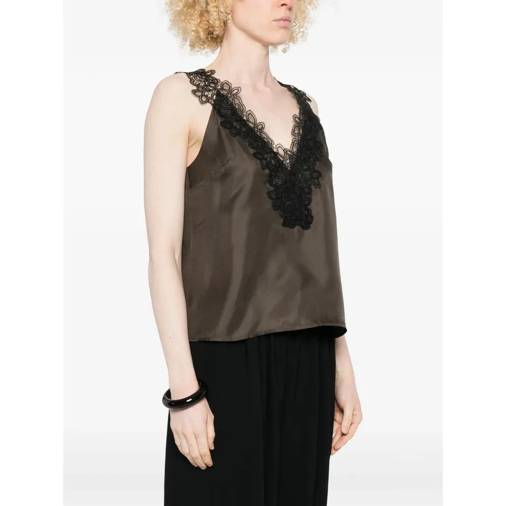 Brown V-Neck Lace Trim Silk Top sold by Lord & Taylor product image thumbnail 2