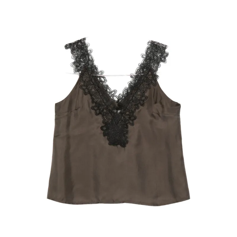 Brown V-Neck Lace Trim Silk Top made by Rohe