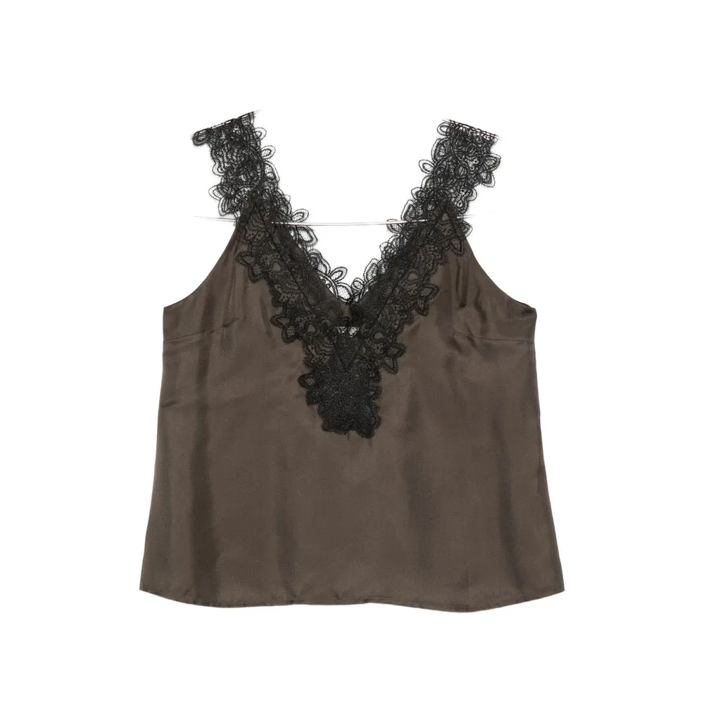 Brown V-Neck Lace Trim Silk Top sold by Lord & Taylor