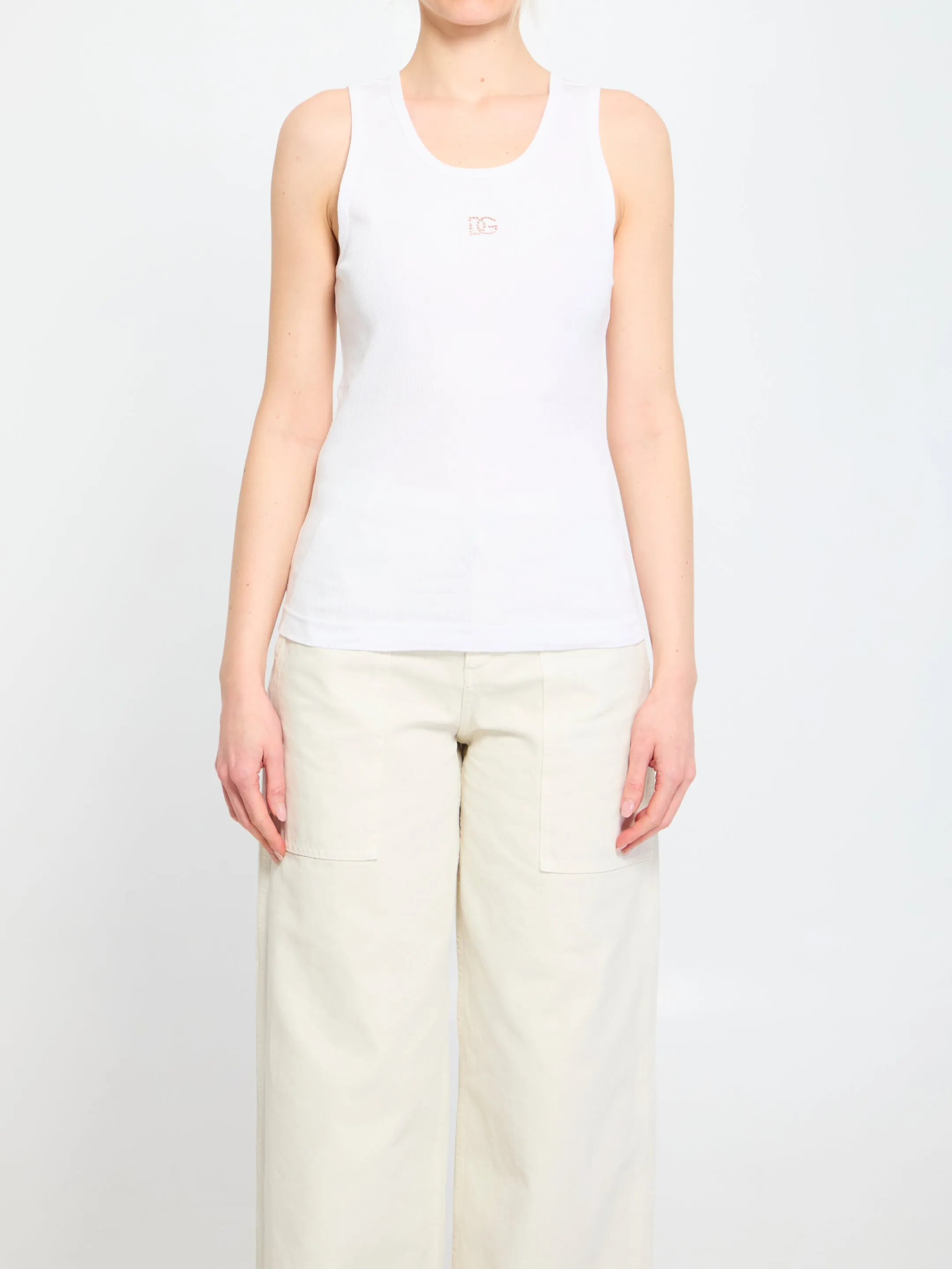 TANK TOP WHITE RIBBON LOGO STRASS sold by Lord & Taylor