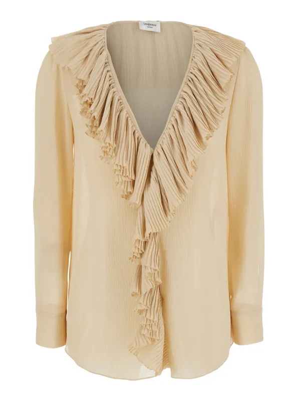 Beige Silk Blouse with V Neck and Ruffles made by Yves Saint Laurent