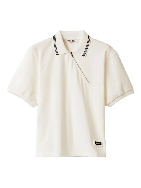 WHITE POLO SHIRT WITH ZIP AND STRIPED COLLAR made by Miu Miu