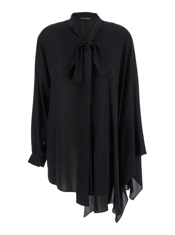 Black Silk Blouse with Pussybow Collar made by Balenciaga