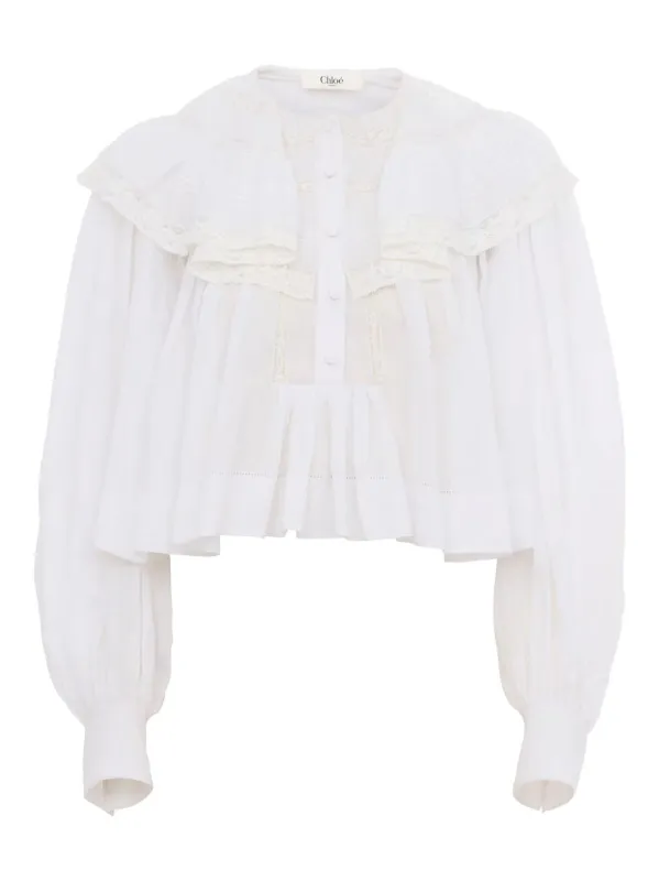 COTTON VOILE AND LACE CROPPED RUFFLE TOP made by Chloe
