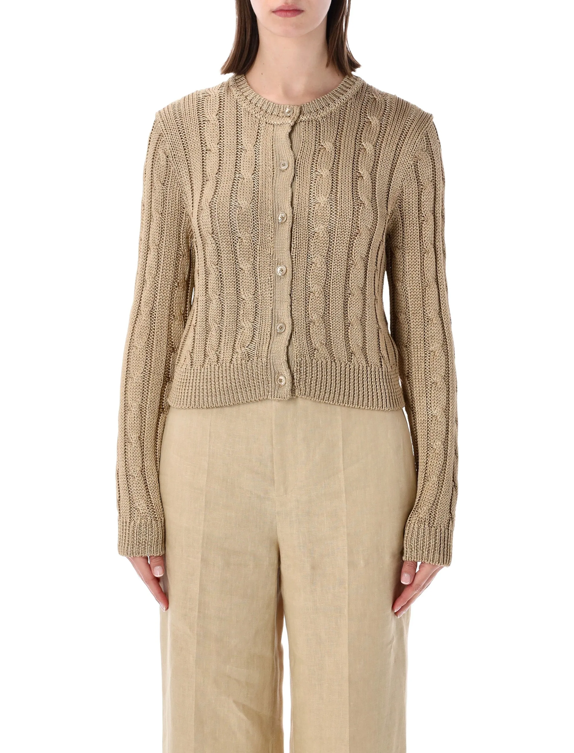 RALPH LAUREN CROPPED CABLE KNIT SILK CARDIGAN sold by Lord & Taylor
