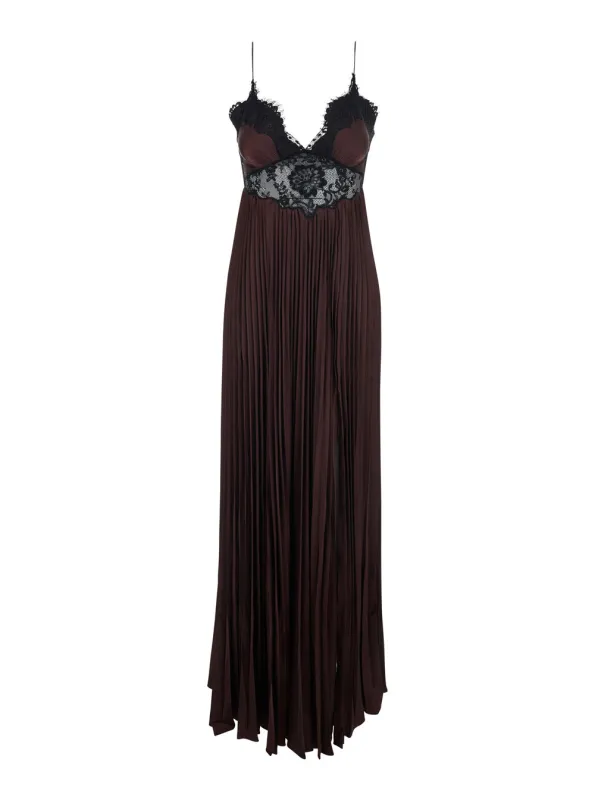 Maxi Dress with Lace Inserts, Brown Satin made by Self-Portrait