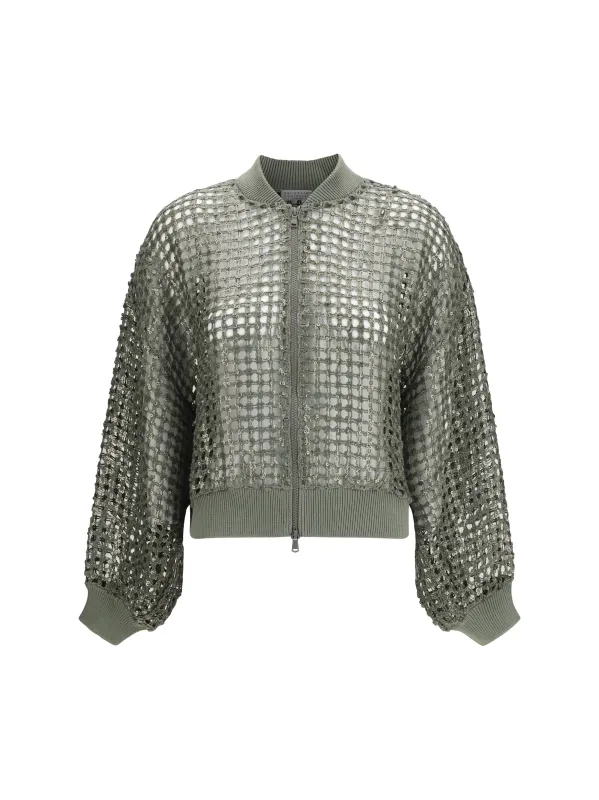Cardigan Net Embroidery Eucalyptus Silk-Linen made by Brunello Cucinelli