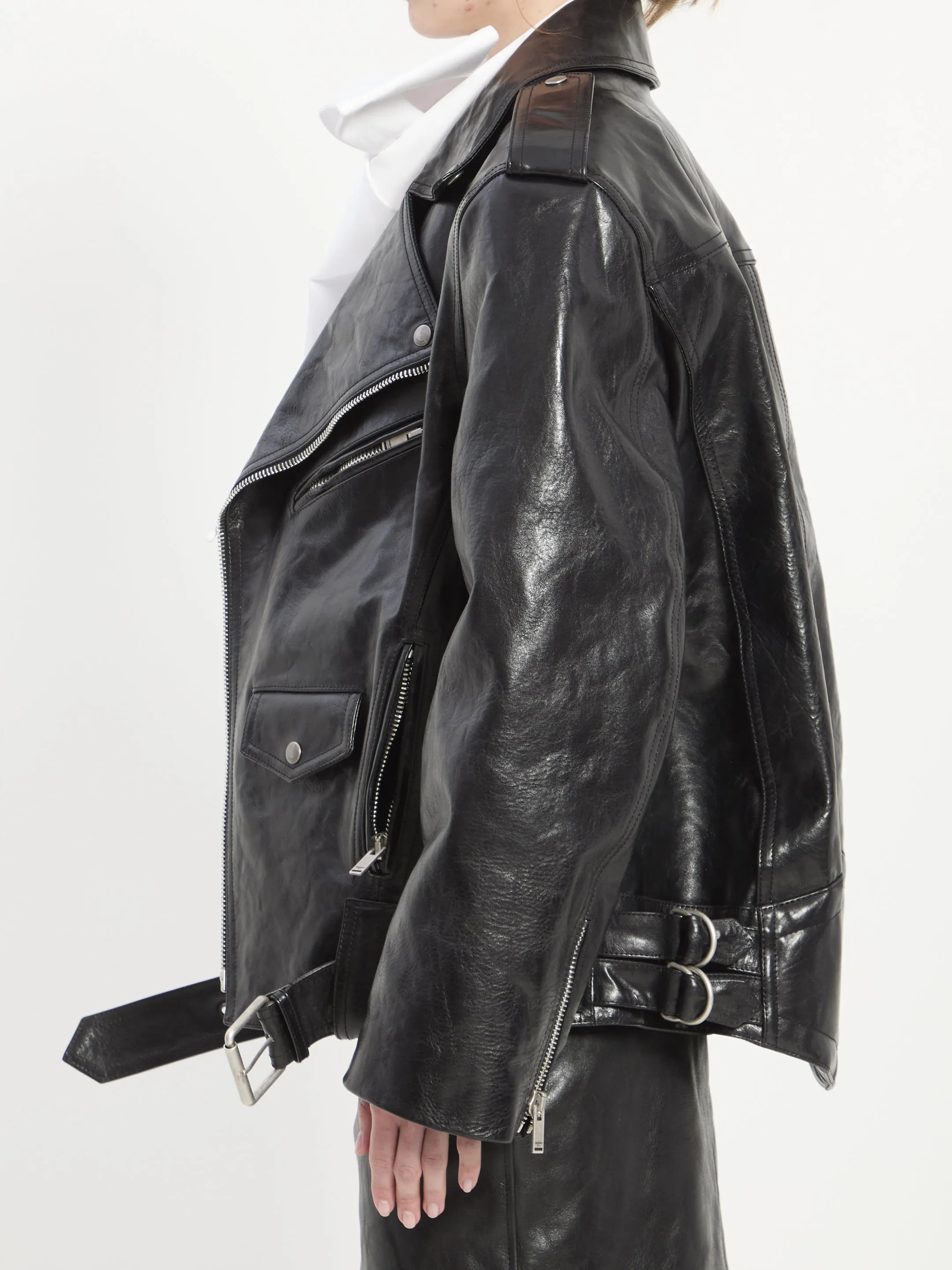 Hammered leather biker jacket sold by Lord & Taylor product image thumbnail 3