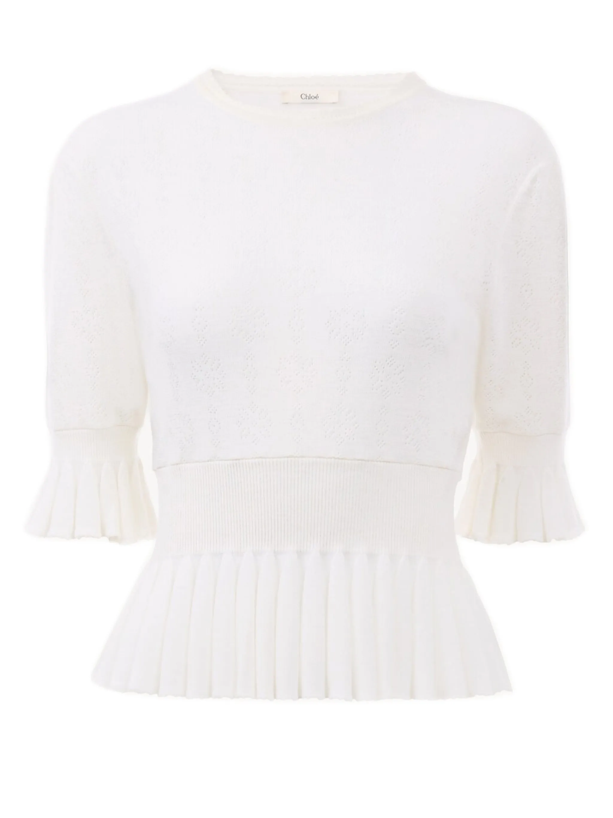 SHORT WOOL KNIT SWEATER WITH RUFFLES sold by Lord & Taylor