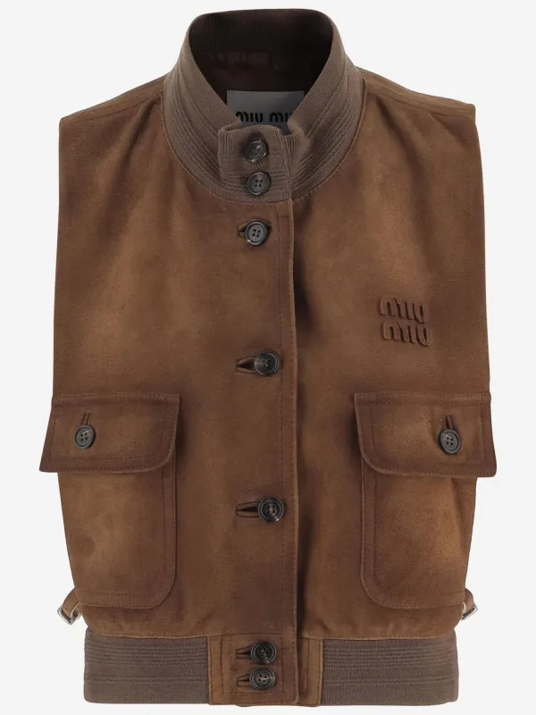 Vest Waxed Suede Brown made by Miu Miu