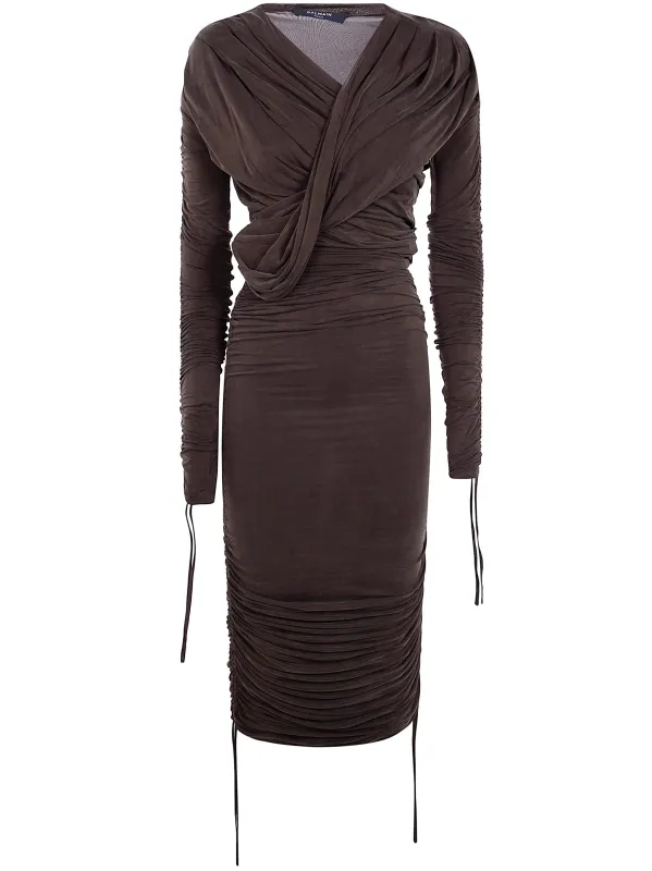 LONG SLEEVES DRAPED JERSEY CUPRO MID DRESS made by Balmain