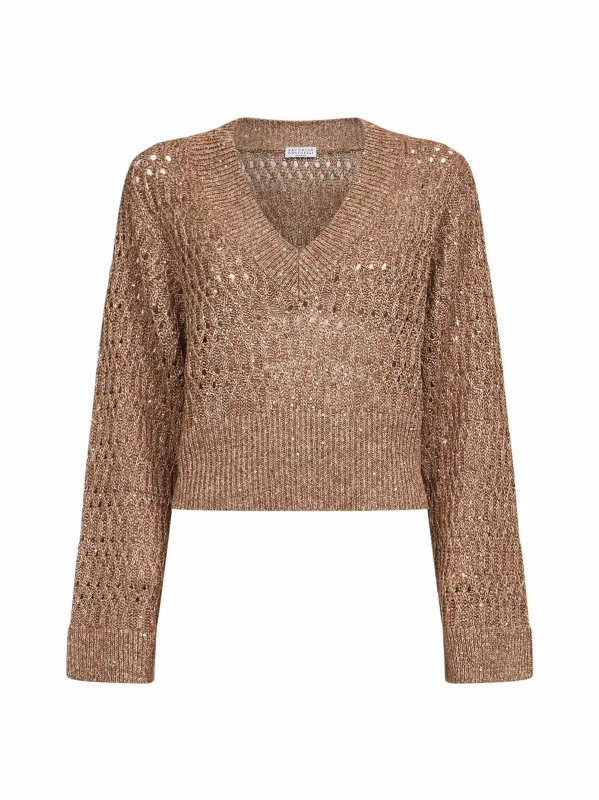 Brown Linen Dazzling Braids Sweater made by Brunello Cucinelli