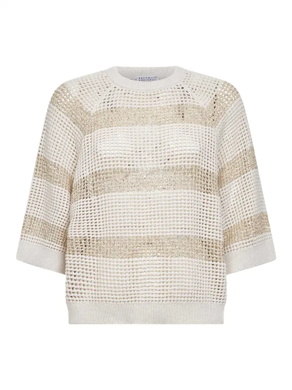 Knit Sweater Dazzling Stripes Beige made by Brunello Cucinelli