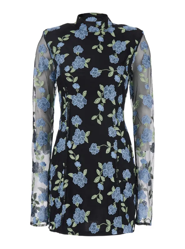 Black High Neck Mini Dress with Floral Motif made by ROTATE Birger Christensen