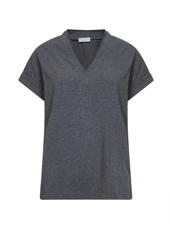 T-Shirt with Necklace-Effect Neckline, Grey made by Brunello Cucinelli