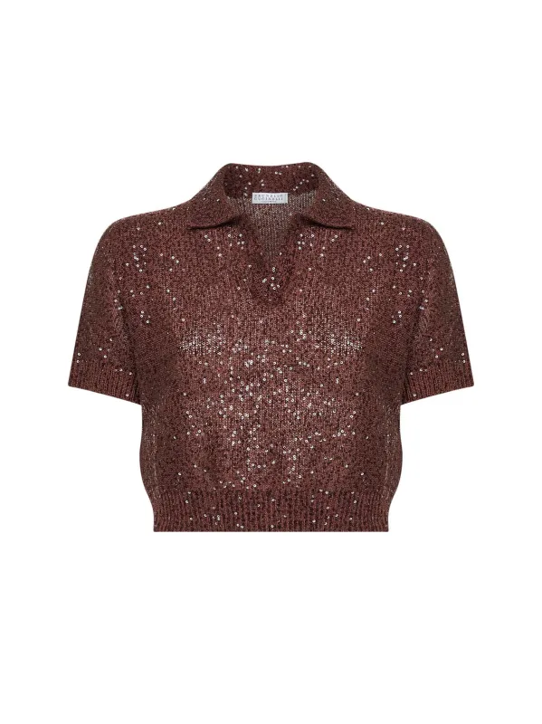 Knit Cropped Polo Shirt Burgundy Linen made by Brunello Cucinelli
