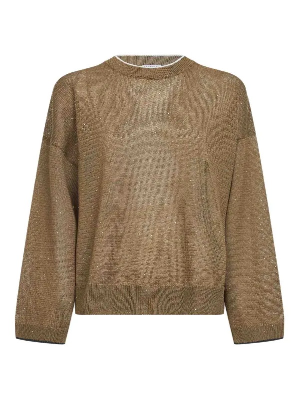 Sweater Diamond Linen and Cotton Brown made by Brunello Cucinelli