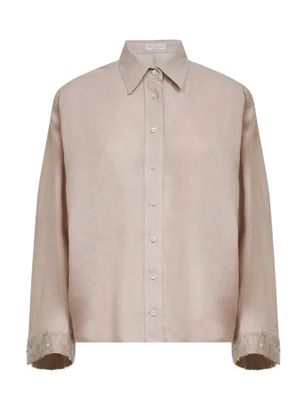 Shirt with Cascade Sequin Cuffs, Beige Linen made by Brunello Cucinelli
