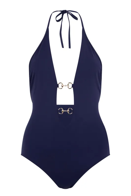 One-piece Swimsuit with Clamp Detail Dark Blue made by Gucci