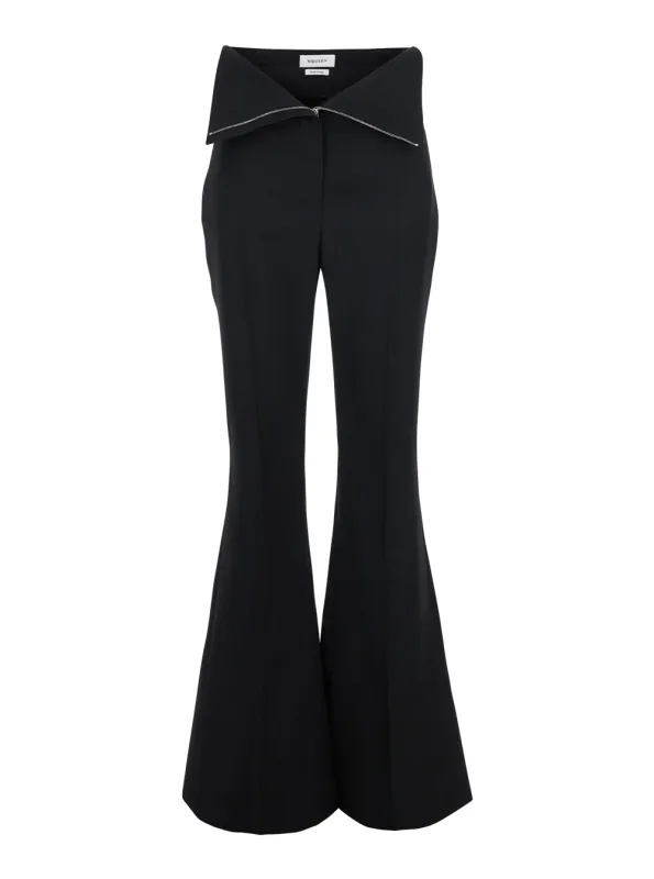 Black Flared Wool Pants with Foldover Waist made by Alexander McQueen