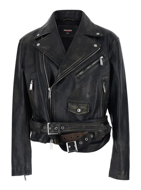 Black Biker Jacket with Wide Lapels made by DSQUARED2