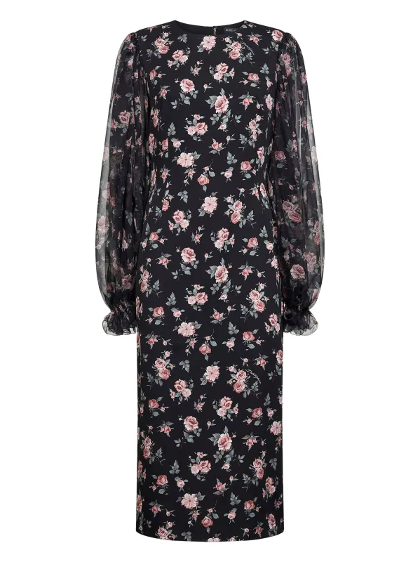 Black Vintage Rose Printed Midi Dress made by Dolce & Gabanna