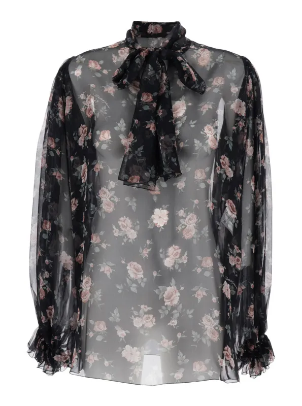 Blouse With Front Knot Black Chiffon made by Dolce & Gabanna