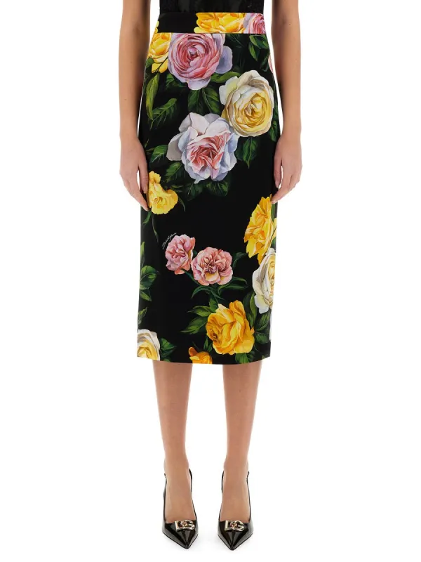 Peony and Rose Print Longuette Skirt made by Dolce & Gabanna