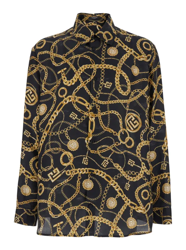 Black Silk Shirt with Chain Print and Logo made by Balmain