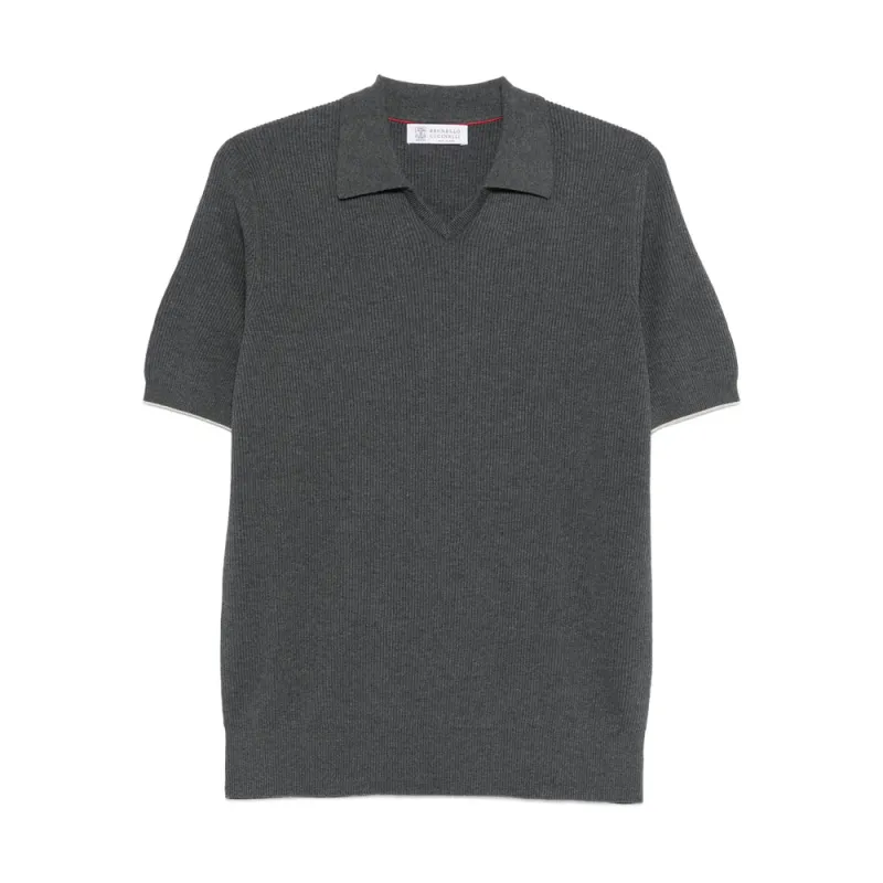 Grey V-Neck Sweater with Short Sleeves made by Brunello Cucinelli