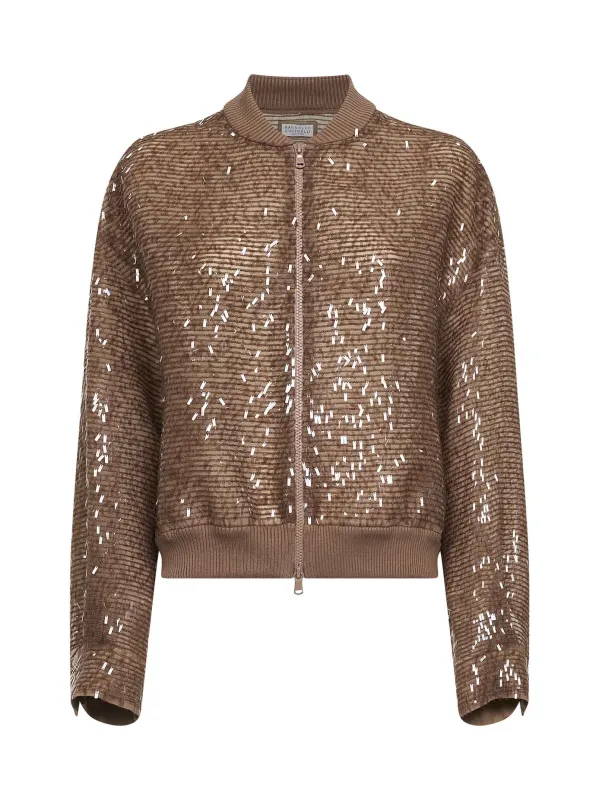 Bomber Jacket Brown Silk Embroidered made by Brunello Cucinelli