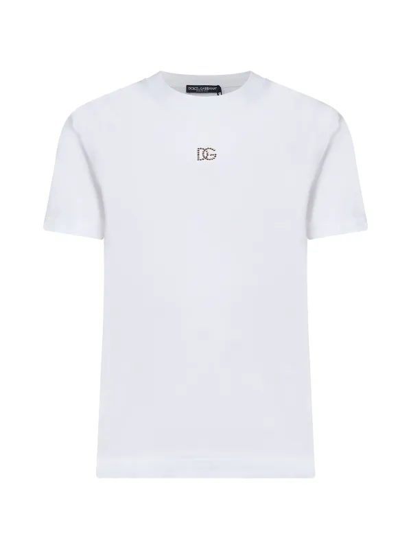 White Jersey Rhinestone Logo T-Shirt made by Dolce & Gabanna