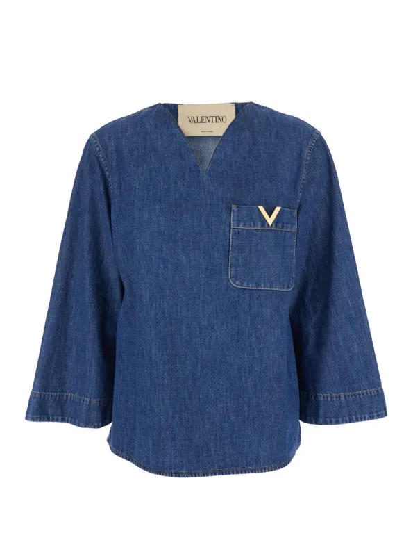 Blouse V-Neck Blue Cotton made by Valentino