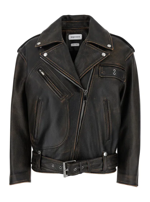 Antiqued Brown Biker Jacket with Wide Lapels made by Alexander McQueen