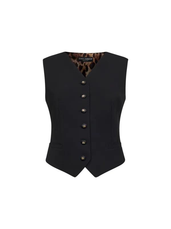 Black Stretch Wool Vest with Leopard-Print Back made by Dolce & Gabanna