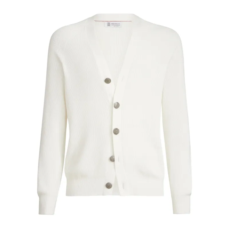 Rib Knit Cotton Sweater with Button Fastening made by Brunello Cucinelli