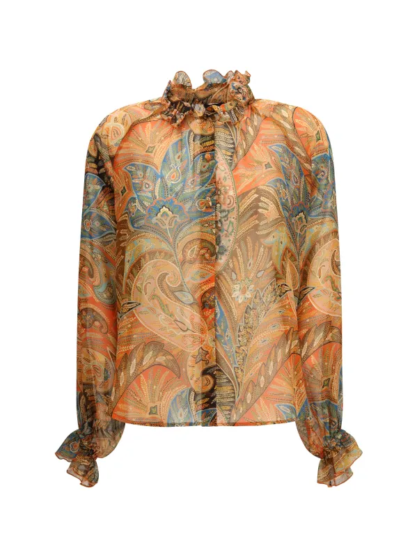 Shirt Ruffled Paisley Orange Silk made by Etro