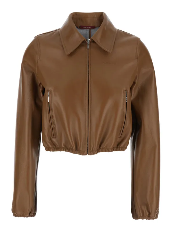 Jacket Cropped Leather Brown made by Gucci